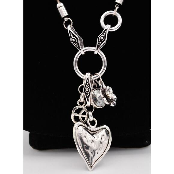 Chunky Charm Pendant Necklace Shiny Silver Tone Ball Heart Hammered Chain Bin2 - Picture 2 of 12